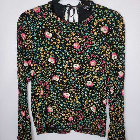 Topshop Black Stretch Knit Floral Top Long Bell - Picture 1 of 6